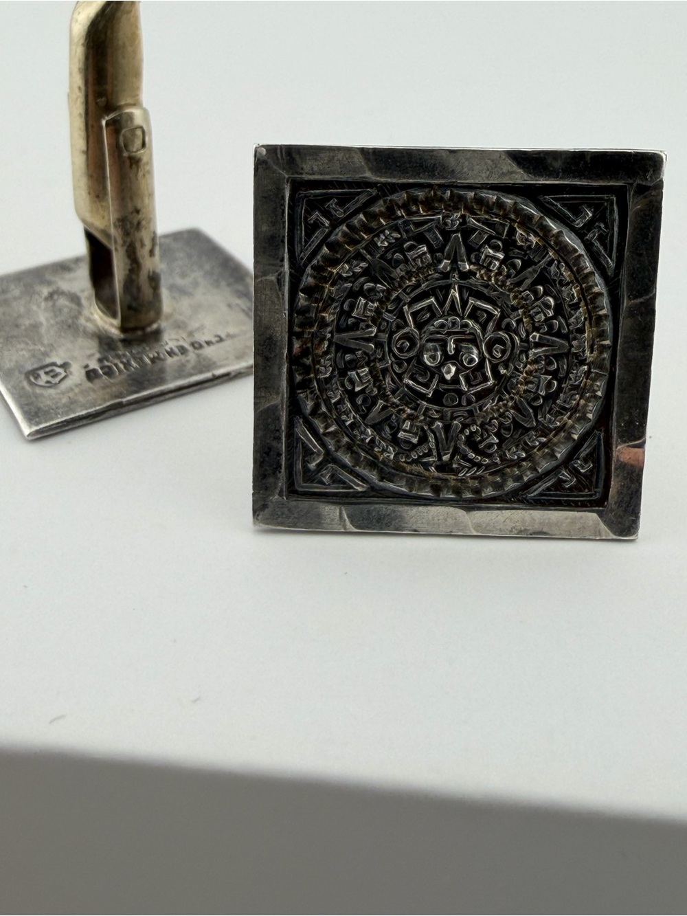 Vtg 50’s Sterling Silver Aztec Mayan Motif Square Cufflinks